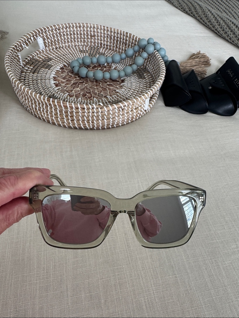 Diff Eyewear Transparent Pale Green Square Sunglasses with Gray Lenses